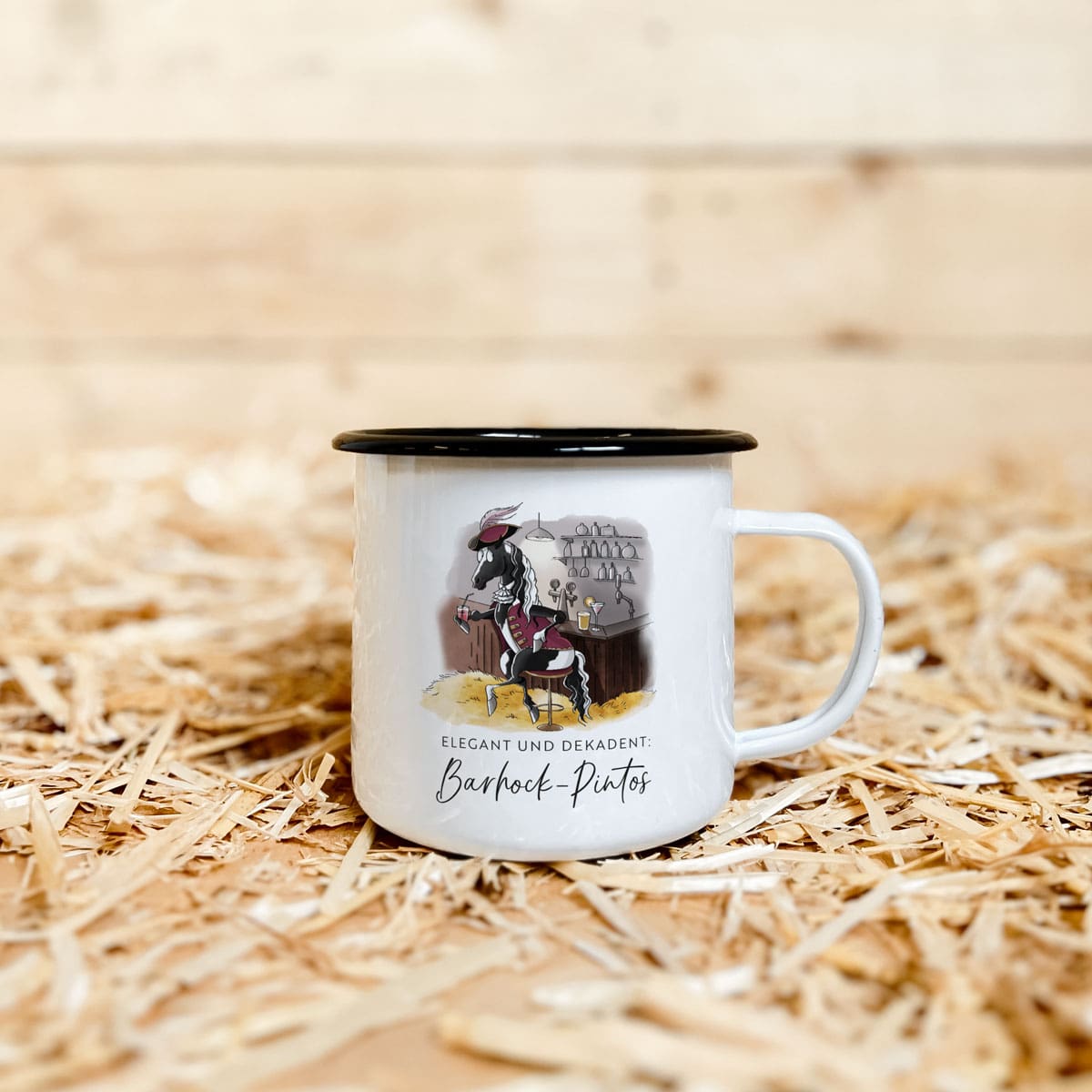 Emaille-Tasse "Barhock-Pintos"