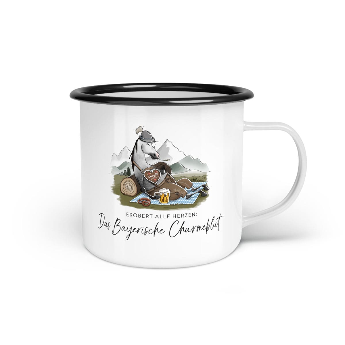 Emaille-Tasse "Bayerisches Charmeblut"