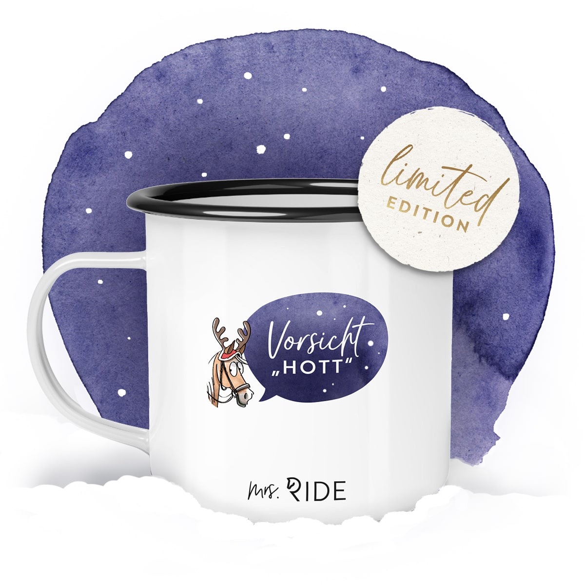 Emailletasse "Hü-Wein" | Englisch