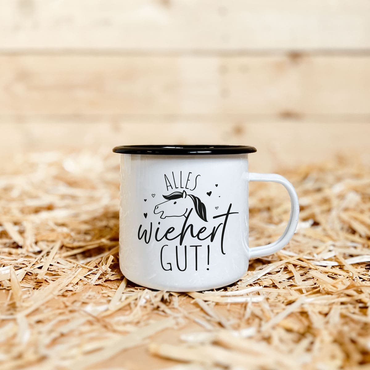 Emaille-Tasse "Alles wiehert gut"