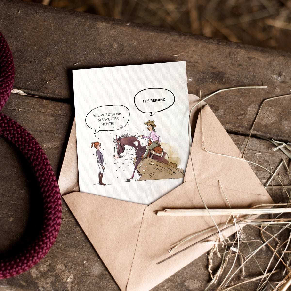 Strohpapier-Postkarte "It's reining"